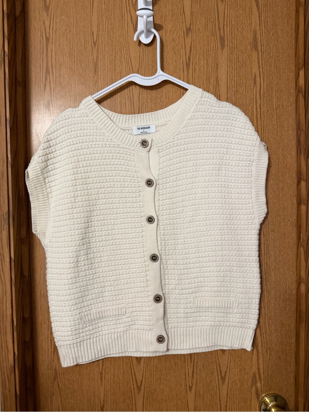 The Workshop Cream Knit Sweater Vest Cardigan Button Front Cap Sleeve Size S